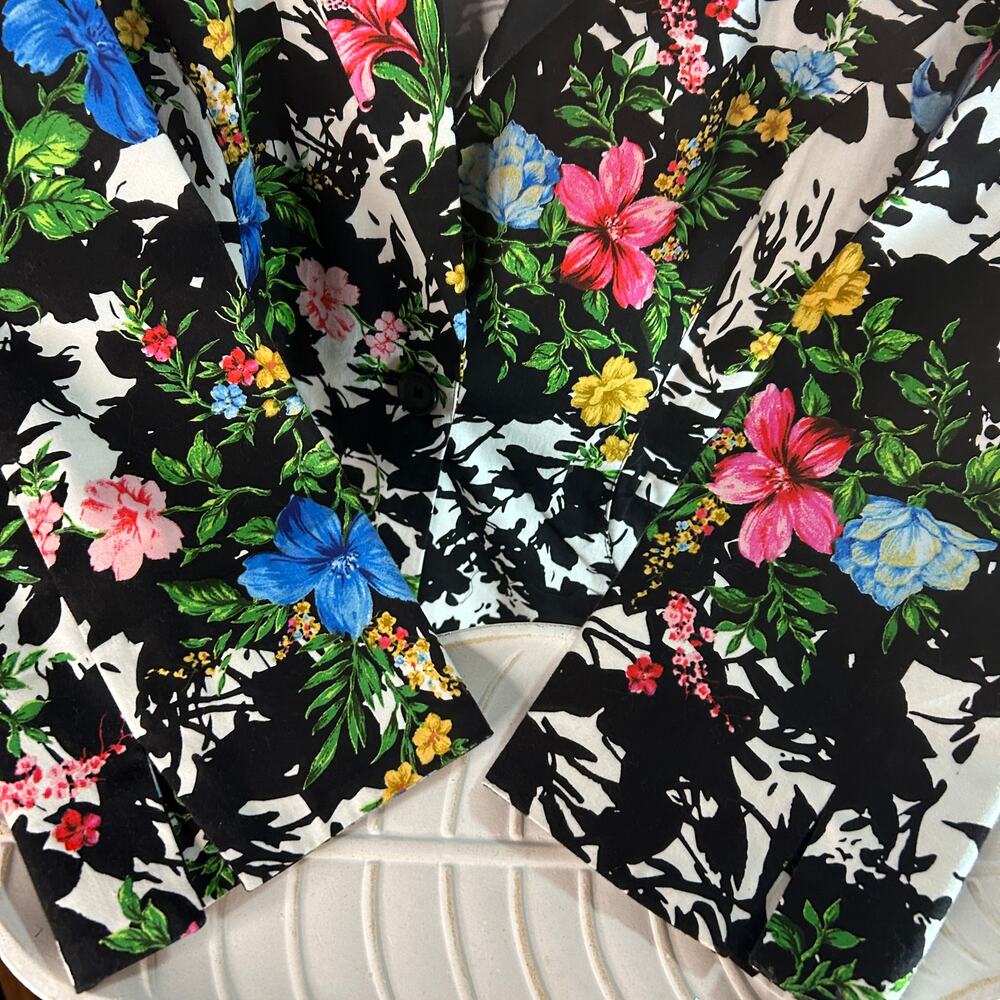 Floral Blazer Large Black White Pink Blue Stretch Statement Jacket Snazzy 90's - Picture 10 of 12